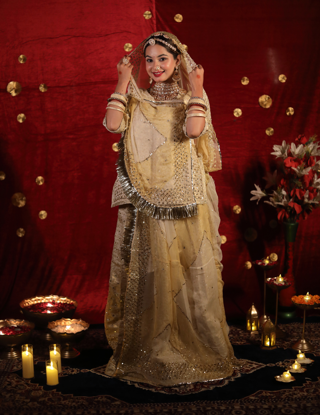 Sunehri Banarasi silk off white in golden touch,handwork Poshak with shaded pure odhana.