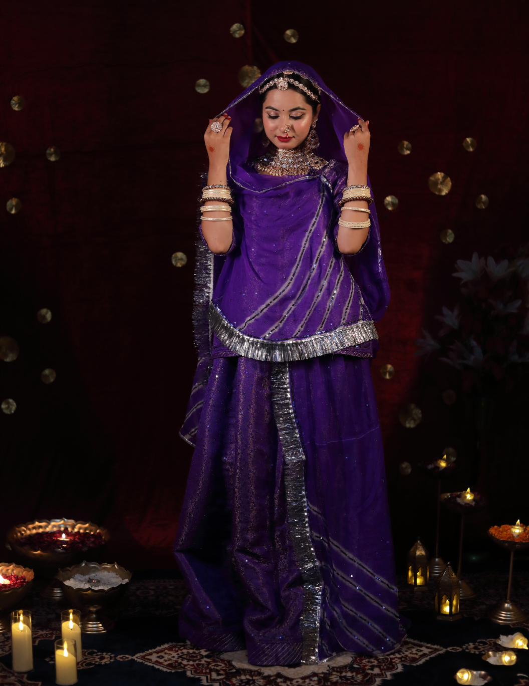Lehr Banarasi silk in midnight purple ,handwork poshak with lehriya pure odhana.