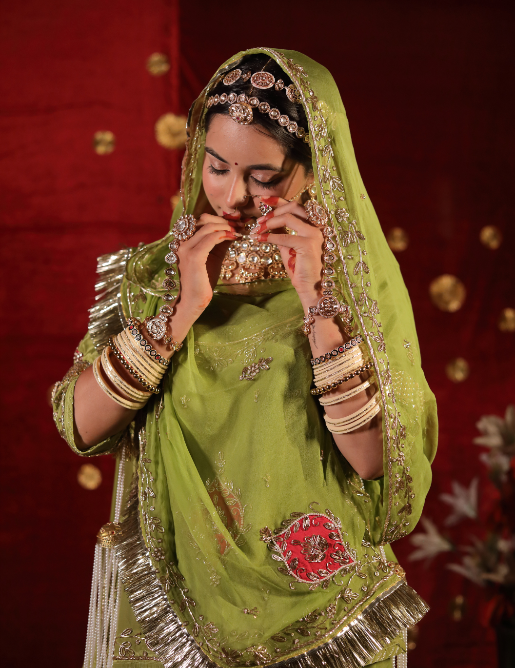 Chaap Natural crepe in pista green , handwork poshak with pure odhana.