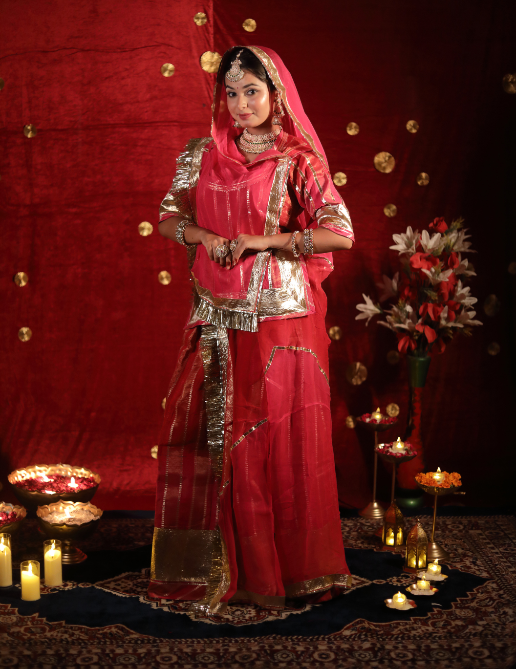 SAAJ Silk lining tissue in red and pink shade ,handwork poshak with shaded pure odhana.