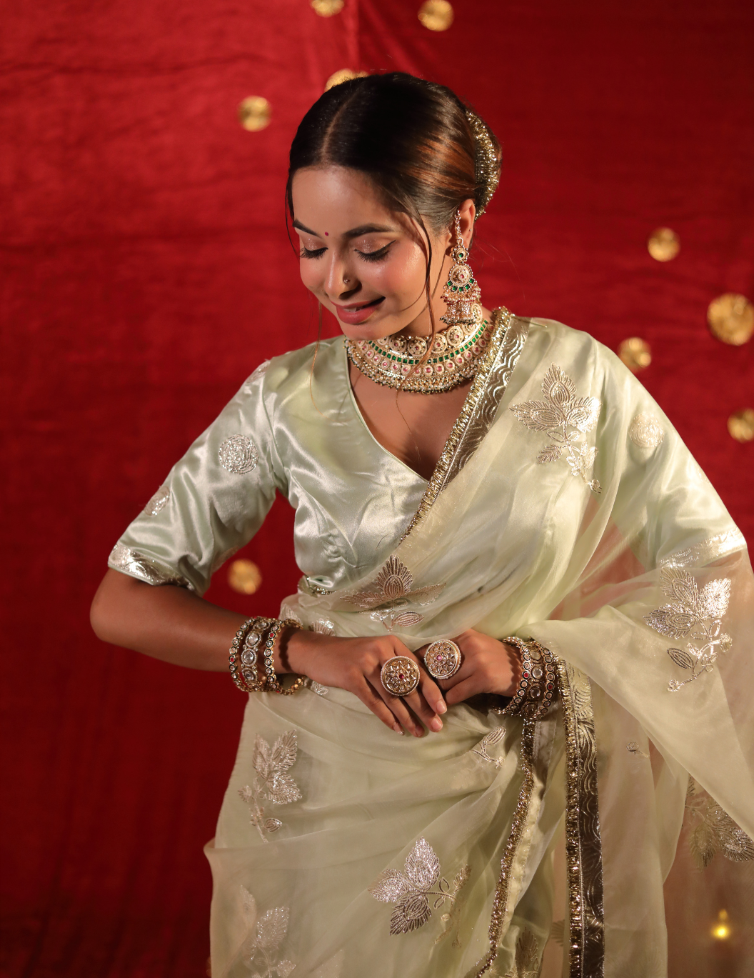 CHAND Soft organza in pastel green, handwork Saree.