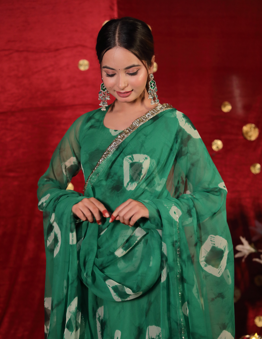 SHUBH Green georgette Umbrella cut suit