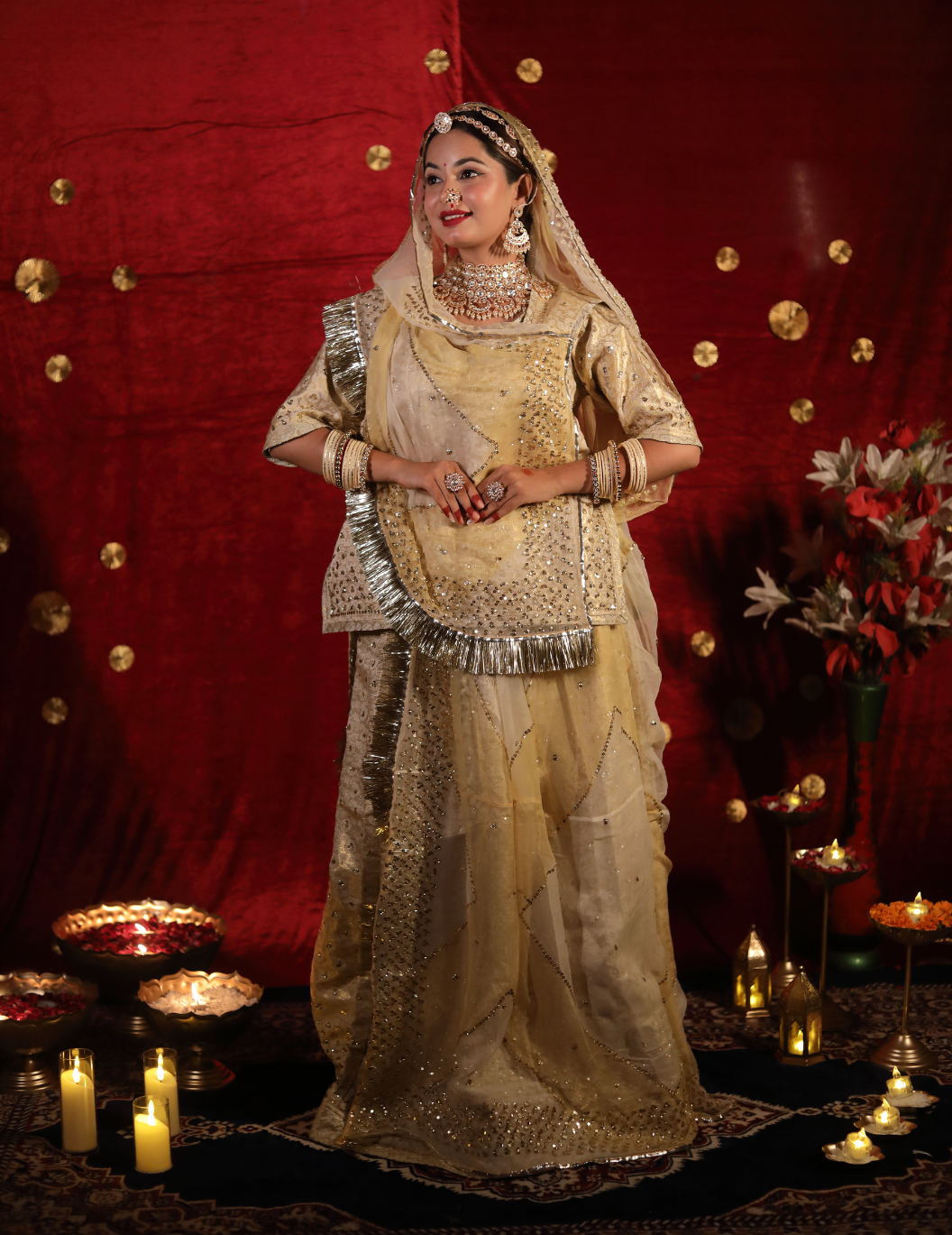 Sunehri Banarasi silk off white in golden touch,handwork Poshak with shaded pure odhana.