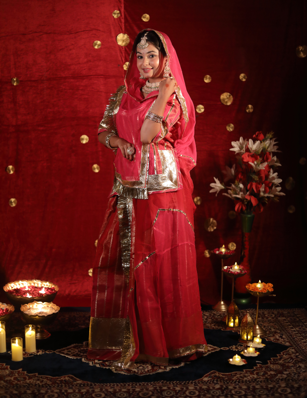 SAAJ Silk lining tissue in red and pink shade ,handwork poshak with shaded pure odhana.