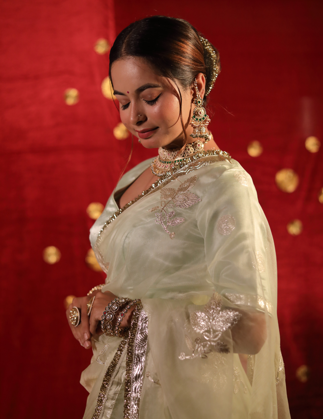 CHAND Soft organza in pastel green, handwork Saree.