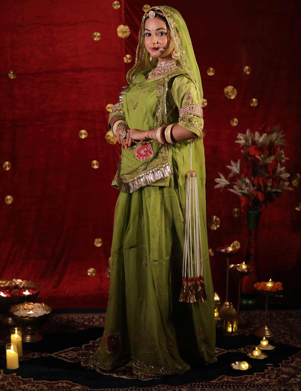 Chaap Natural crepe in pista green , handwork poshak with pure odhana.