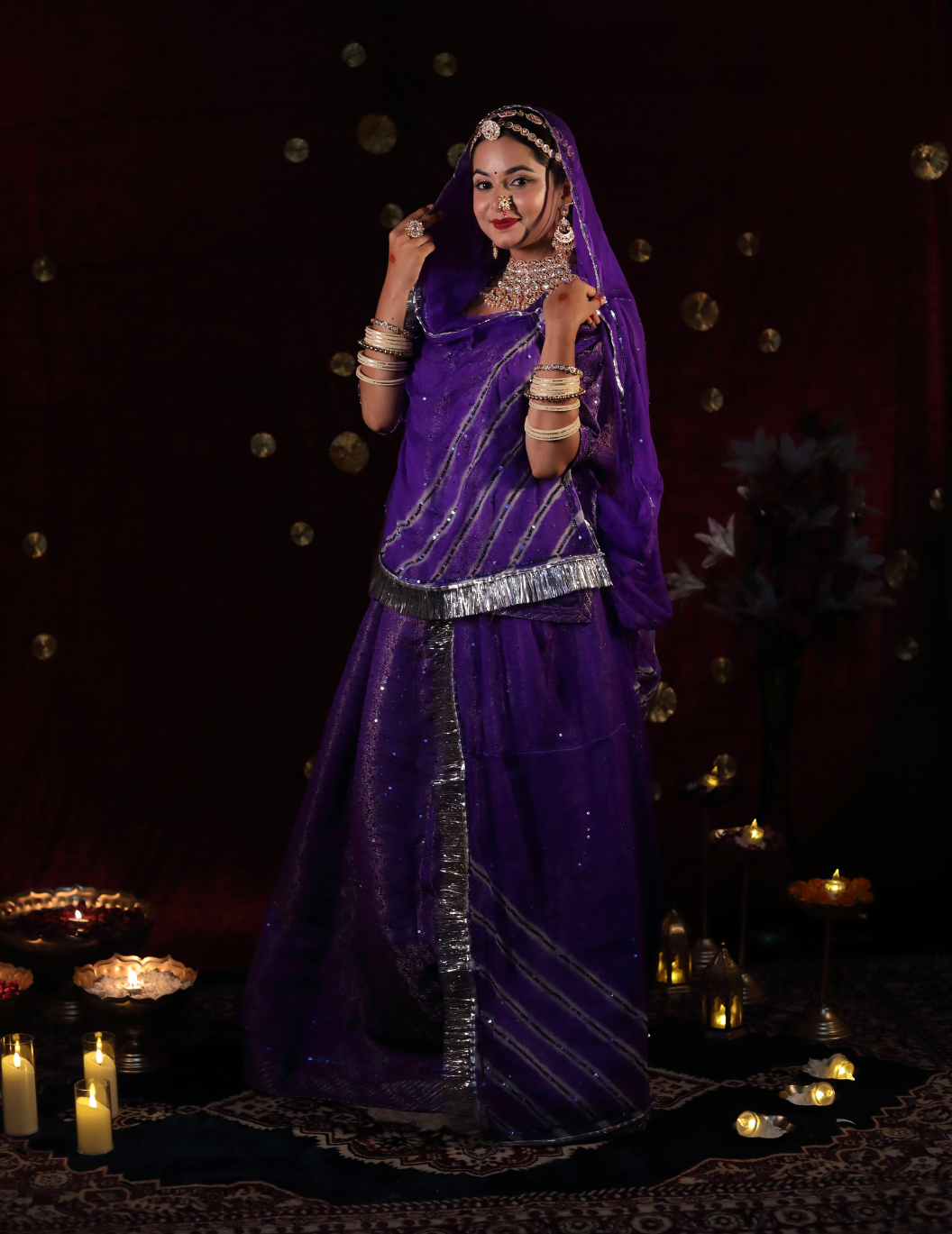 Lehr Banarasi silk in midnight purple ,handwork poshak with lehriya pure odhana.