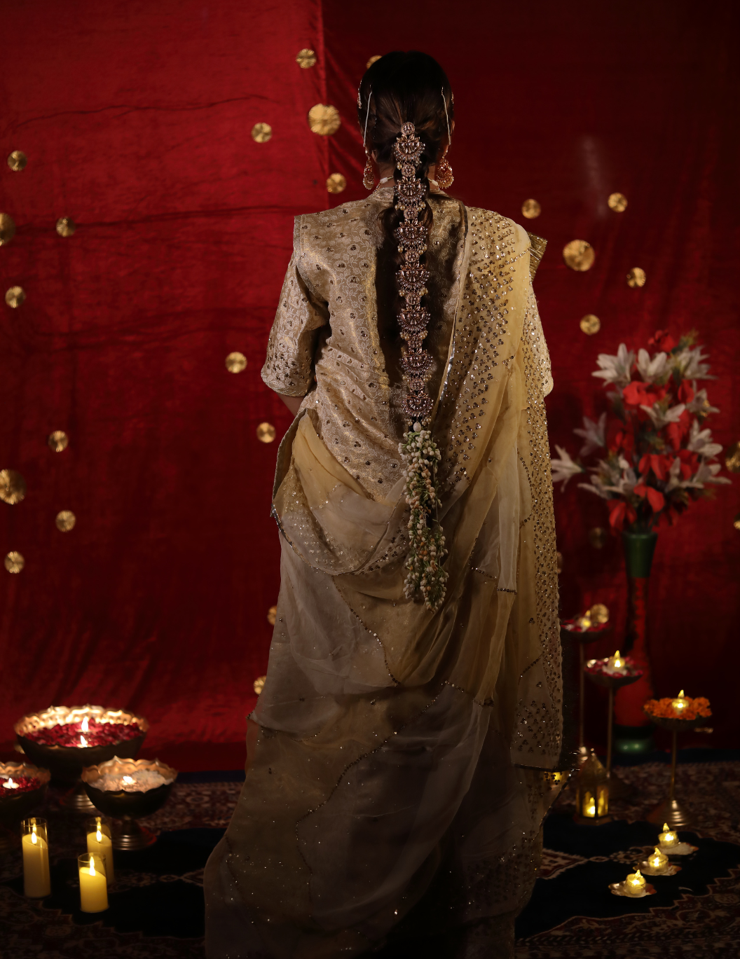 Sunehri Banarasi silk off white in golden touch,handwork Poshak with shaded pure odhana.