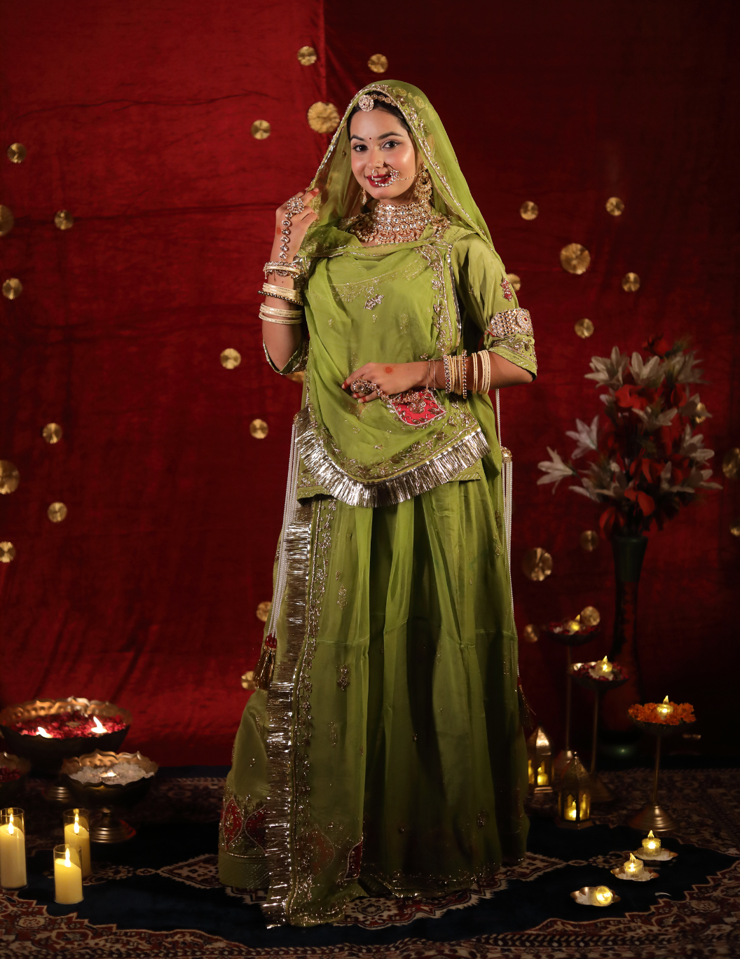 Chaap Natural crepe in pista green , handwork poshak with pure odhana.