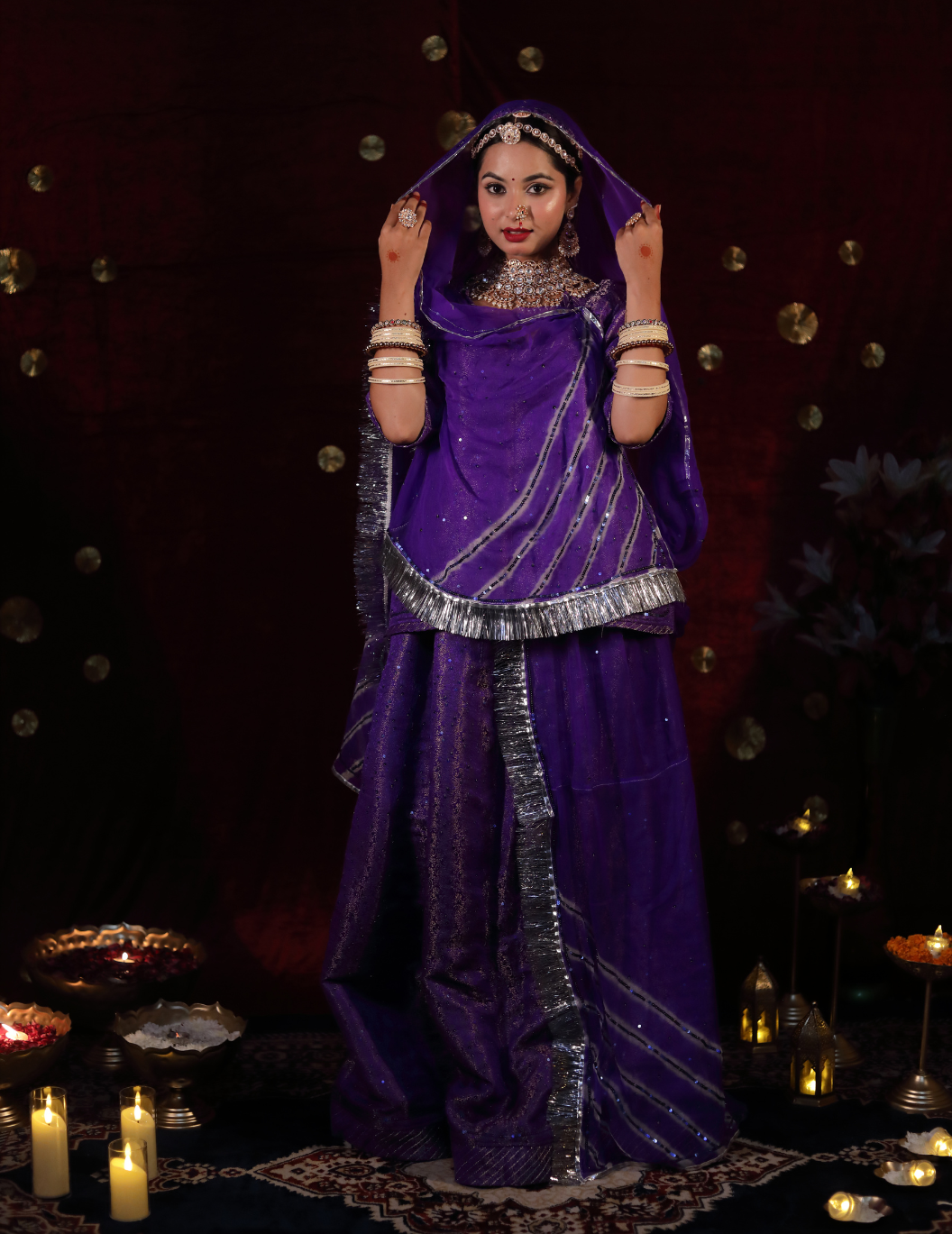 Lehr Banarasi silk in midnight purple ,handwork poshak with lehriya pure odhana.