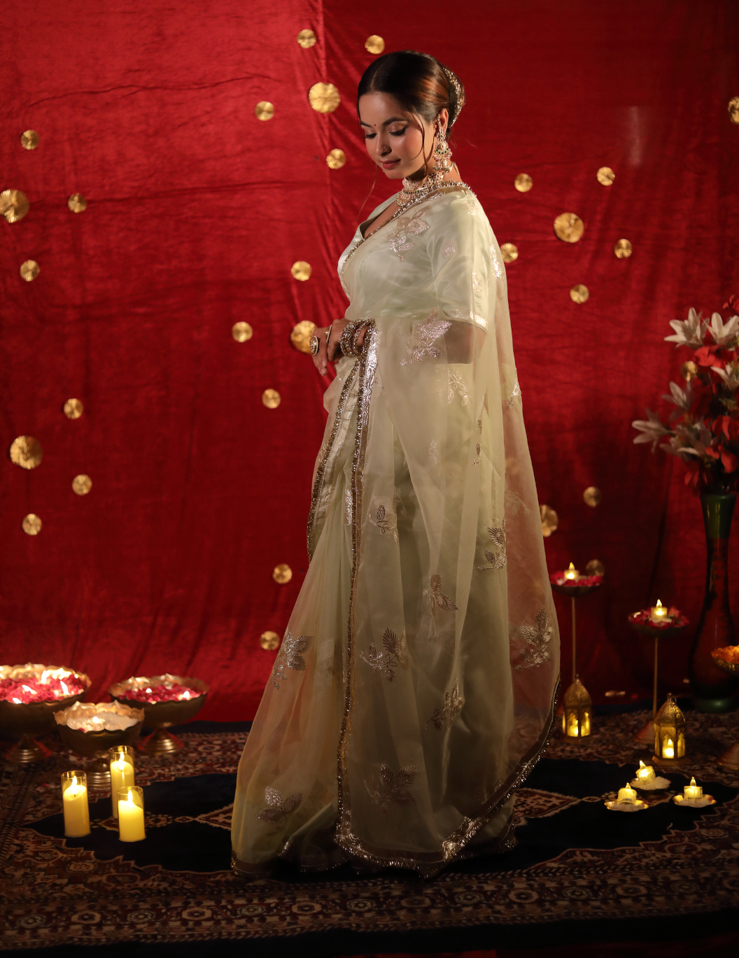 CHAND Soft organza in pastel green, handwork Saree.