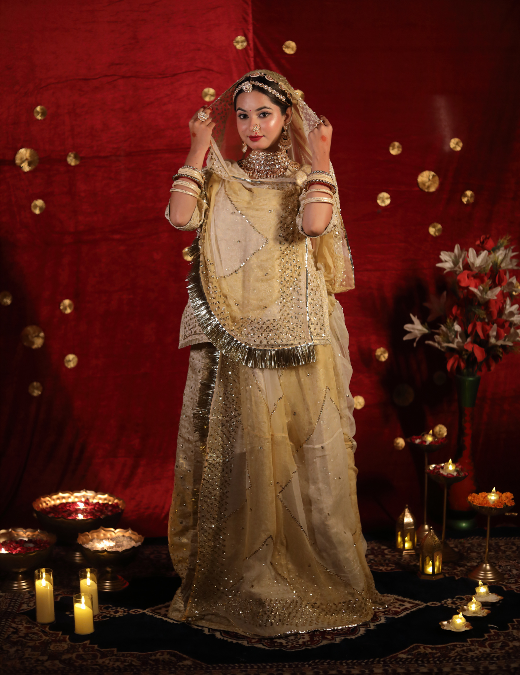Sunehri Banarasi silk off white in golden touch,handwork Poshak with shaded pure odhana.