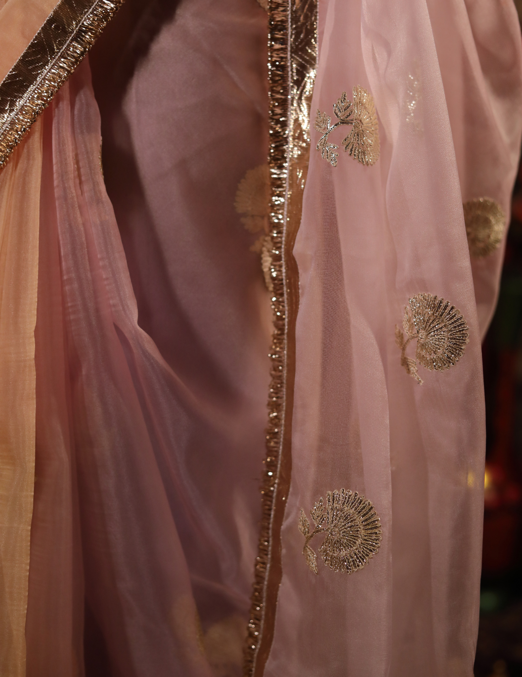 CHAND Soft organza in pastel green, handwork Saree.