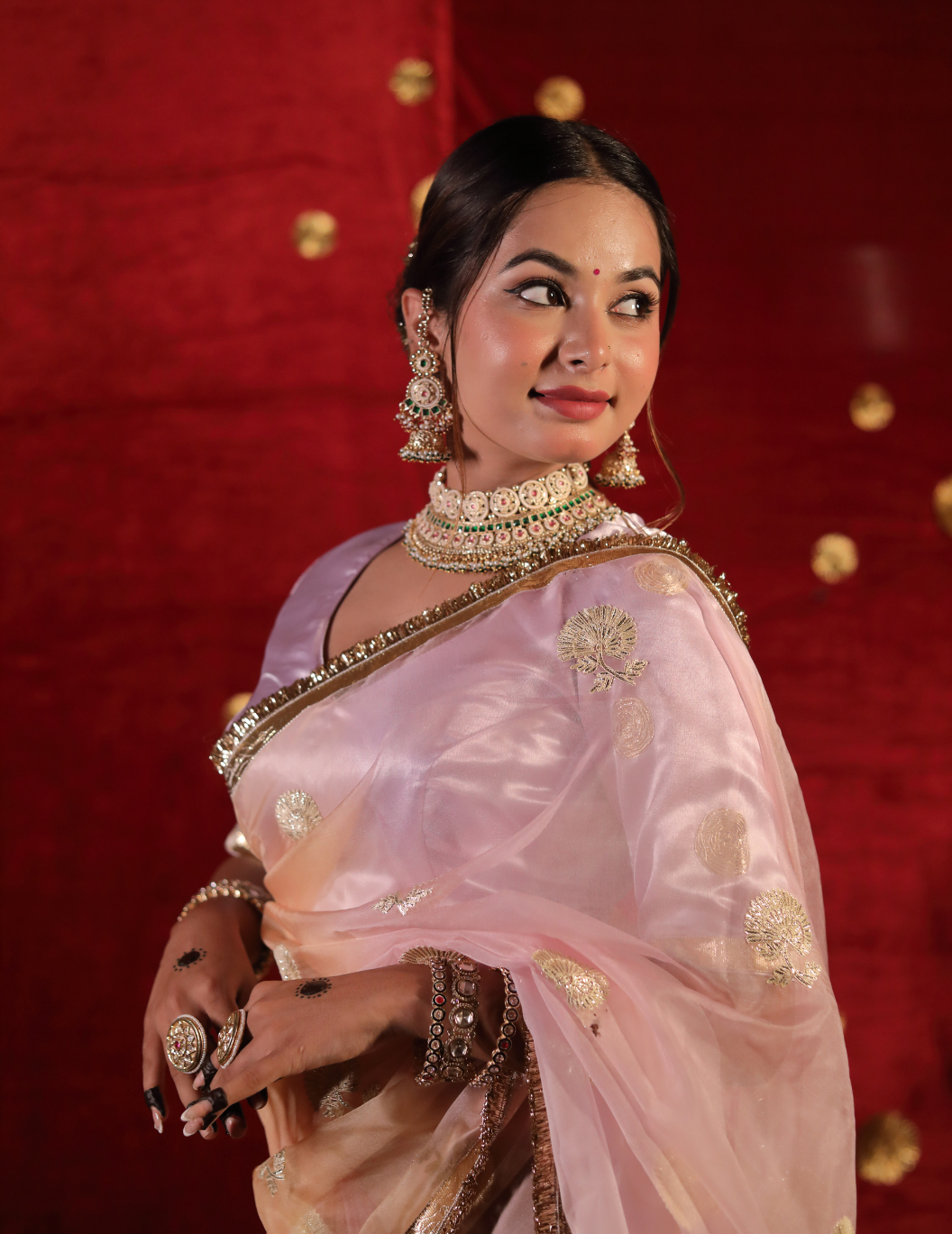 CHAND Soft organza in pastel green, handwork Saree.