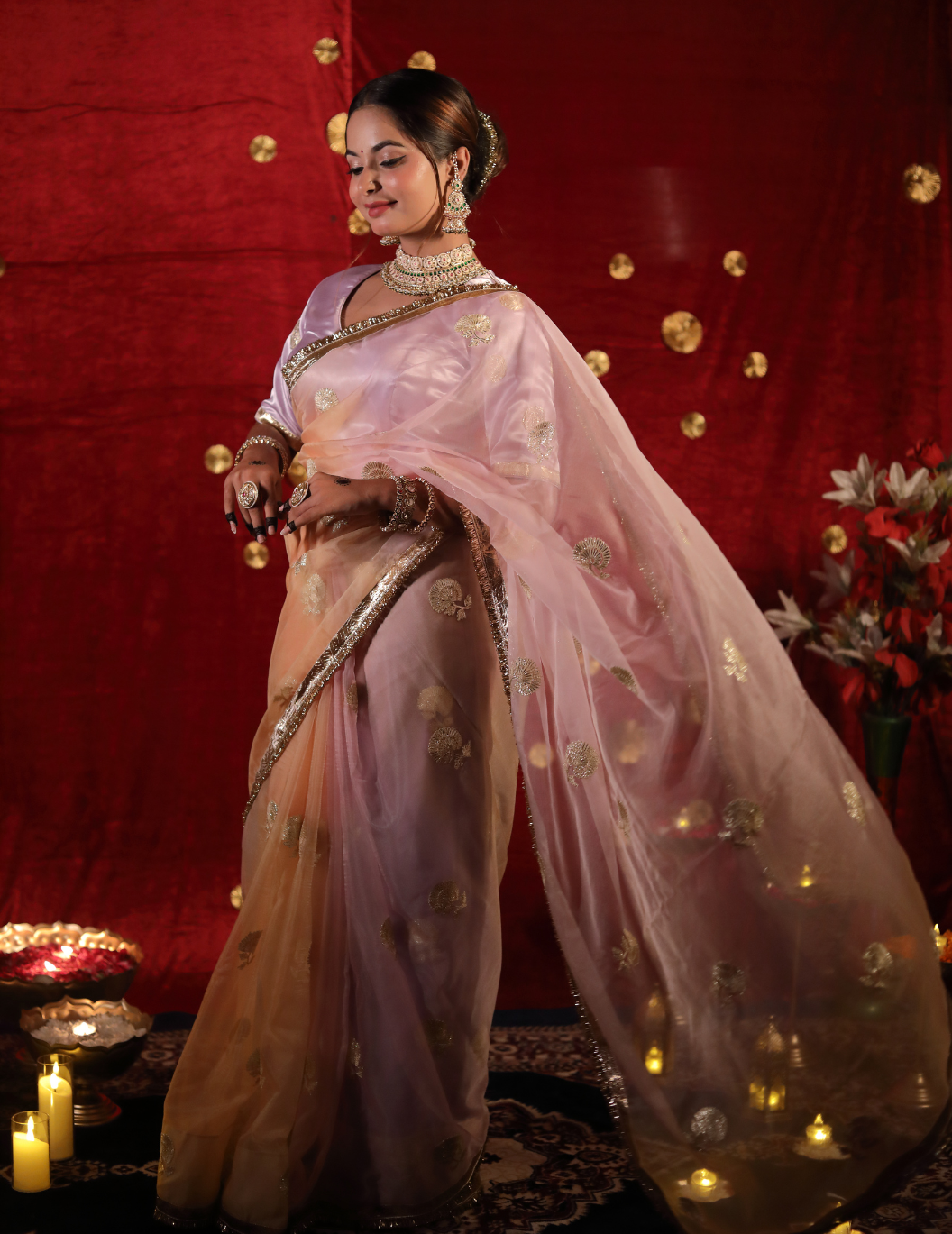 CHAND Soft organza in pastel green, handwork Saree.