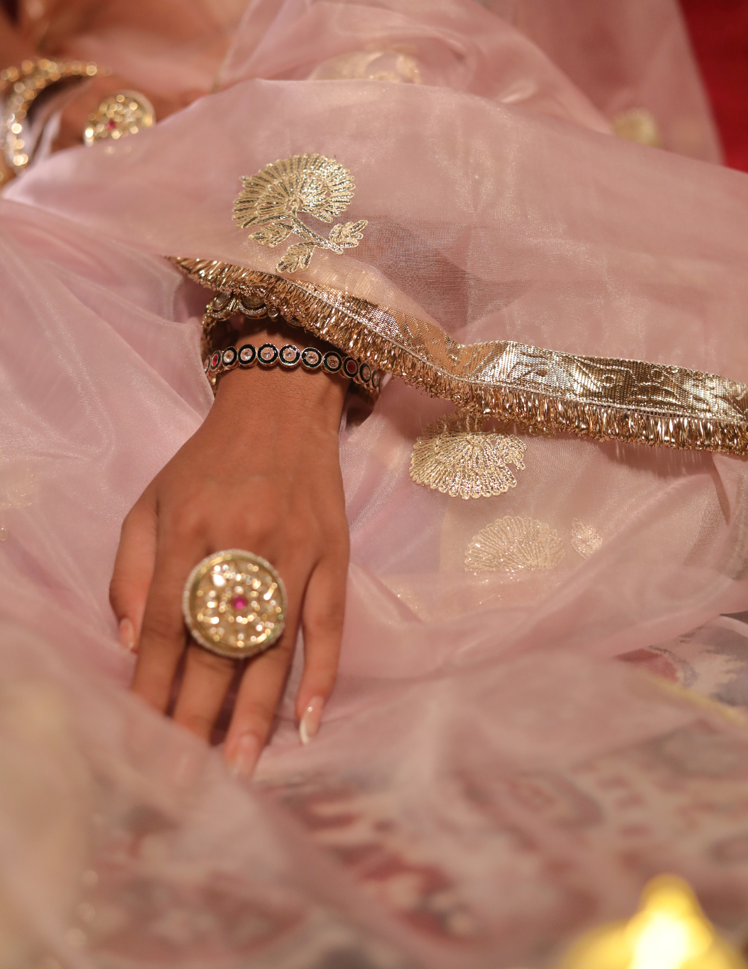 CHAND Soft organza in pastel green, handwork Saree.