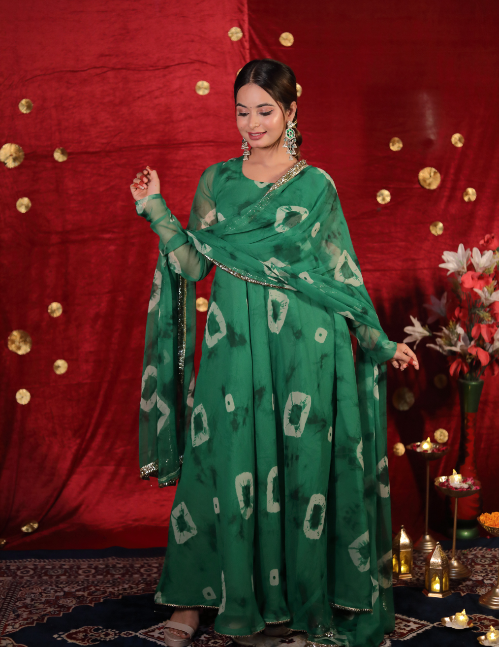 SHUBH Green georgette Umbrella cut suit