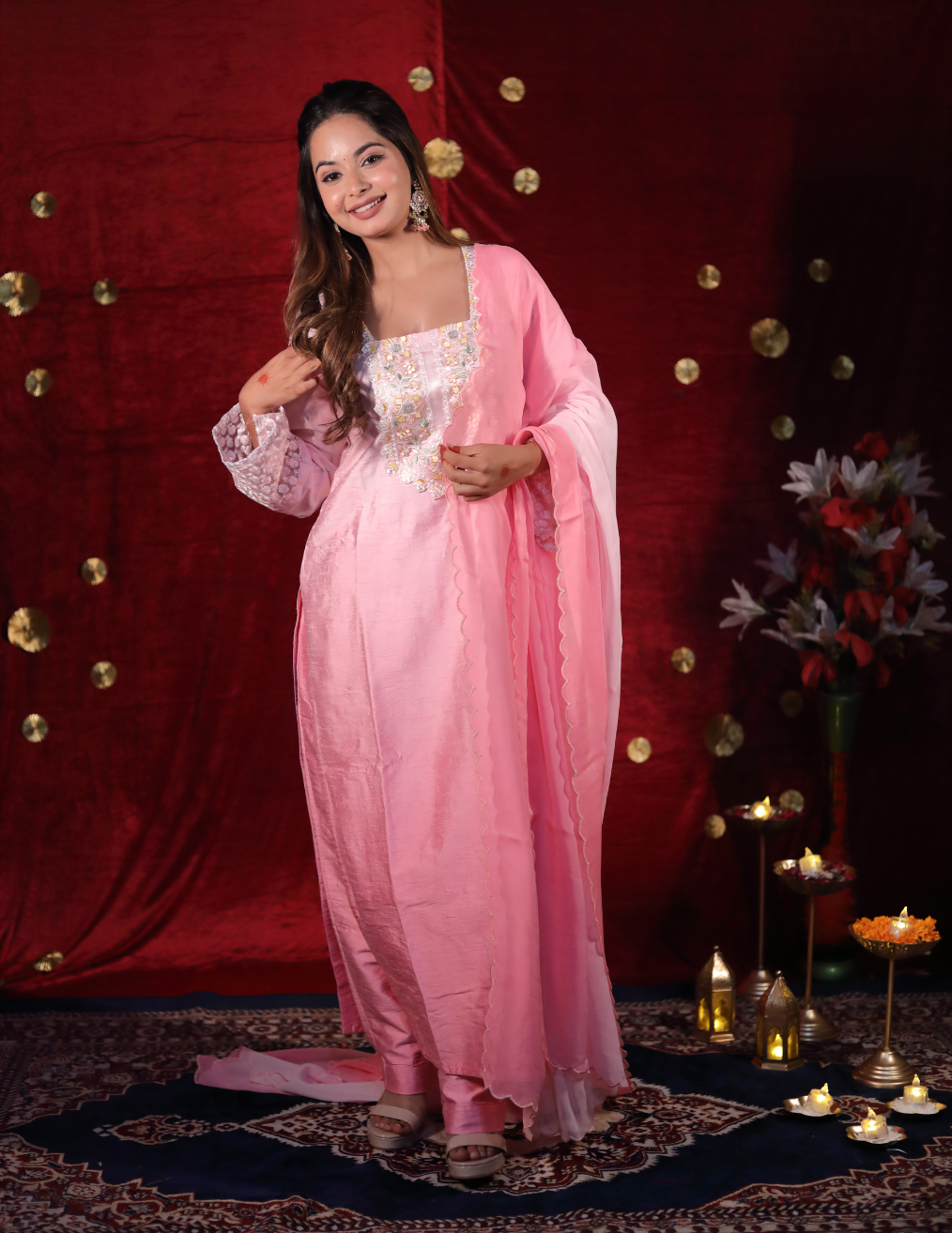 GULAB Peach dual shade rose slik suit set