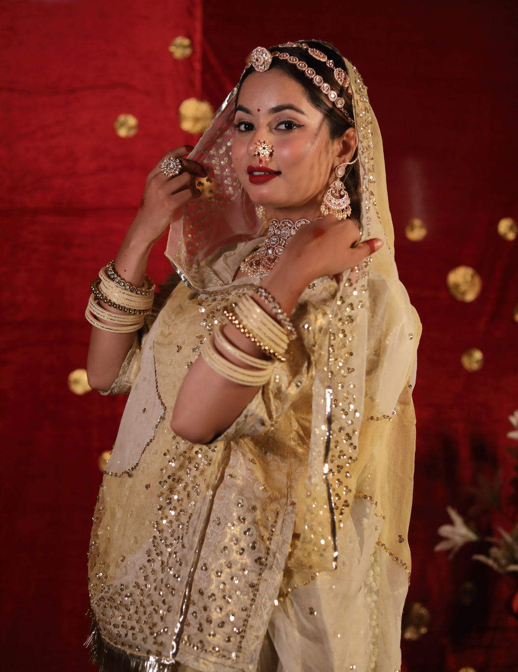 Sunehri Banarasi silk off white in golden touch,handwork Poshak with shaded pure odhana.