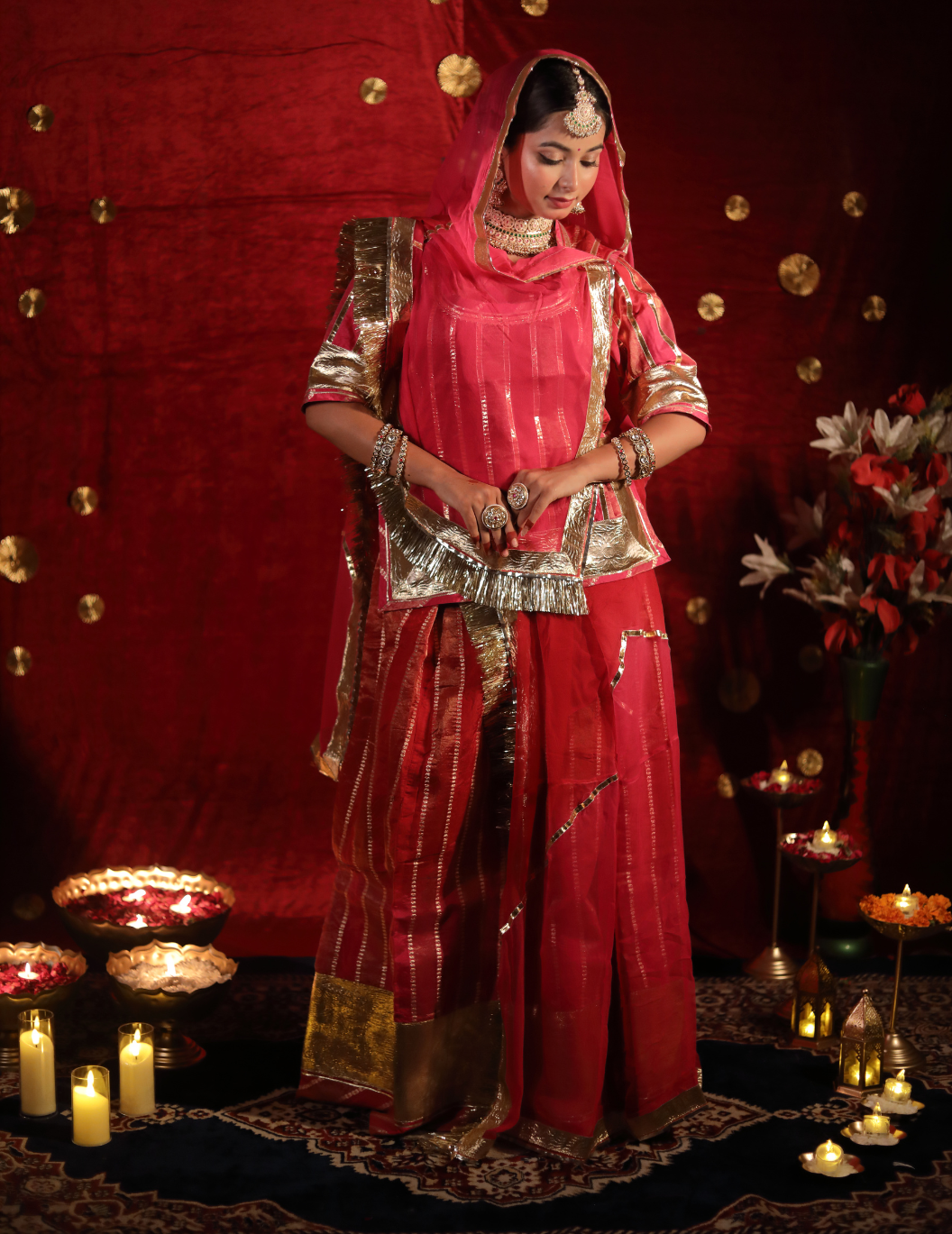 SAAJ Silk lining tissue in red and pink shade ,handwork poshak with shaded pure odhana.