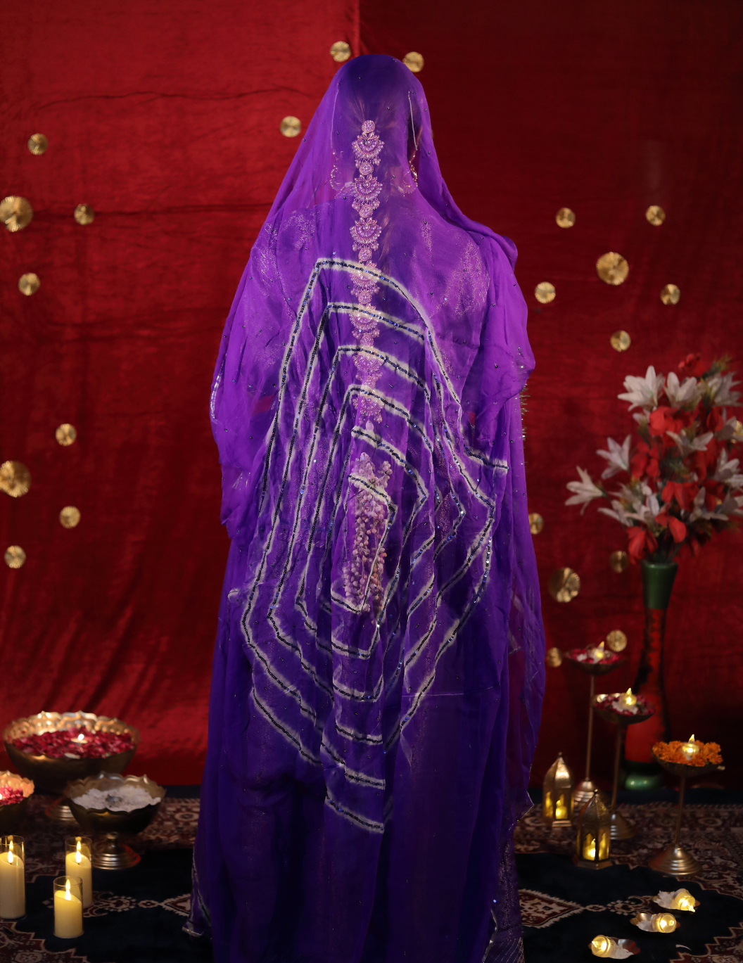 Lehr Banarasi silk in midnight purple ,handwork poshak with lehriya pure odhana.