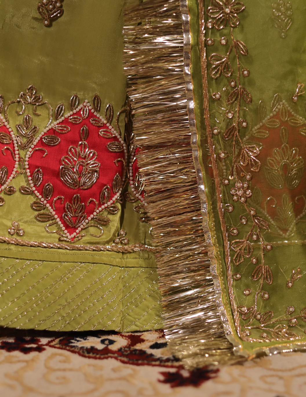 Chaap Natural crepe in pista green , handwork poshak with pure odhana.