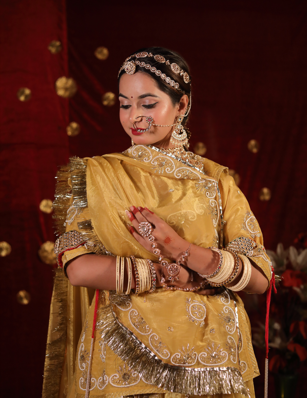 Ranisa Space silk tissue in yellow golden ,handwork poshak with space silk tissue odhana.