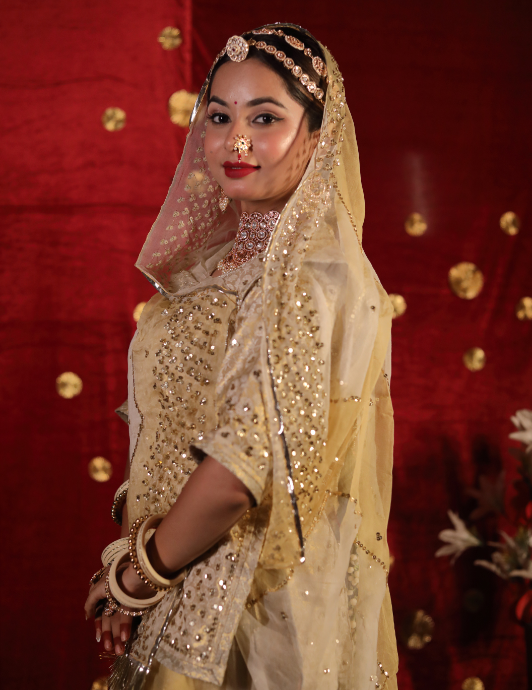 Sunehri Banarasi silk off white in golden touch,handwork Poshak with shaded pure odhana.