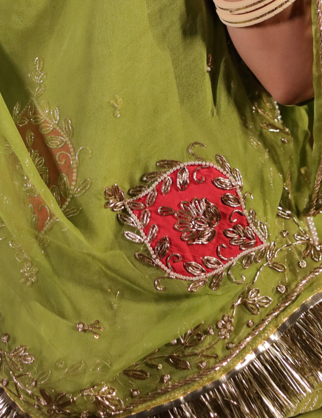 Chaap Natural crepe in pista green , handwork poshak with pure odhana.