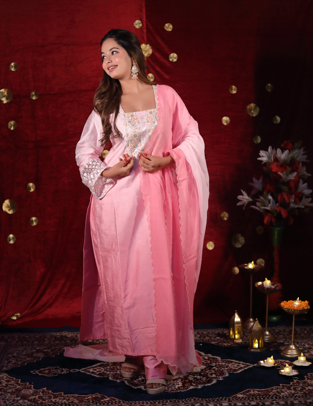 GULAB Peach dual shade rose slik suit set