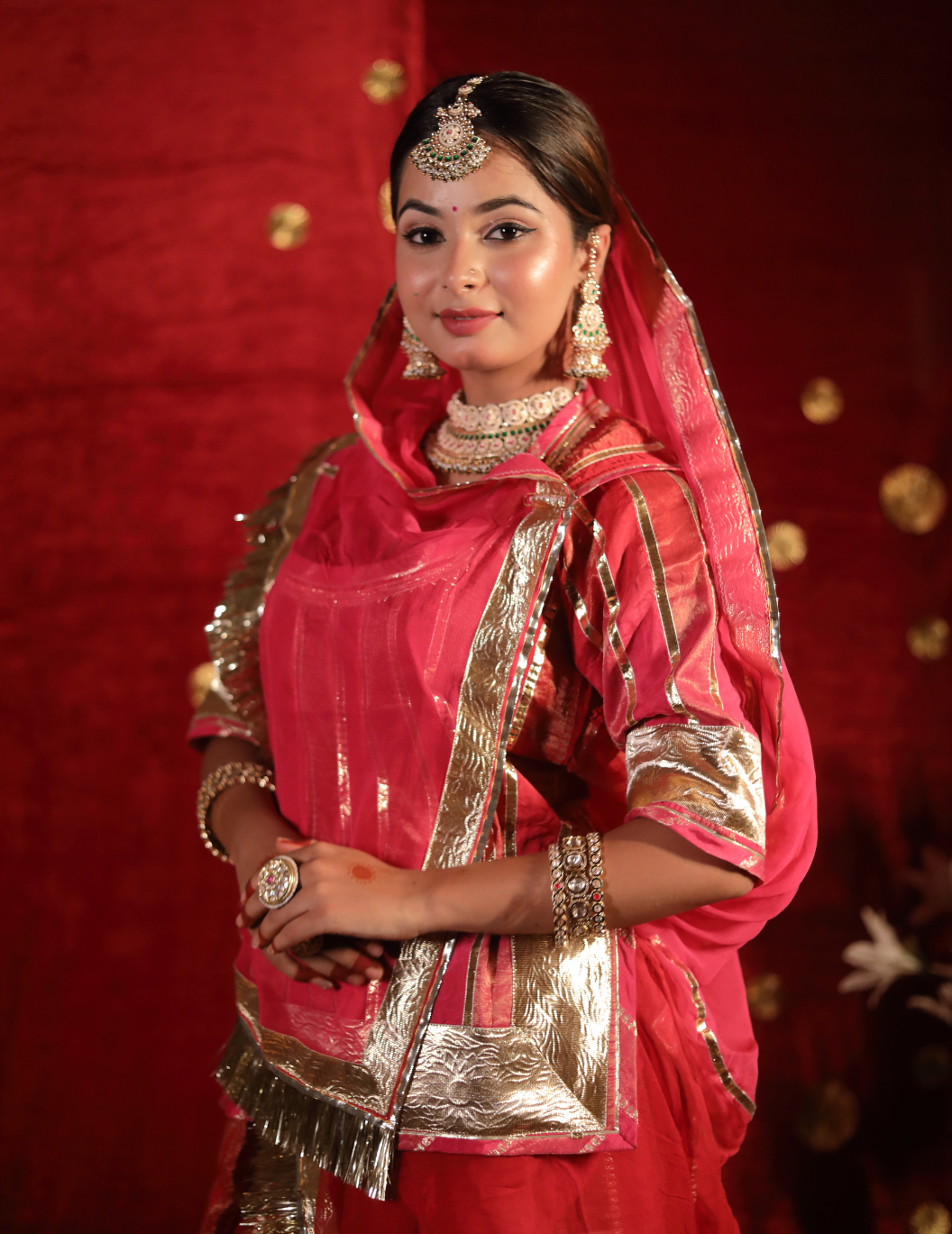 SAAJ Silk lining tissue in red and pink shade ,handwork poshak with shaded pure odhana.