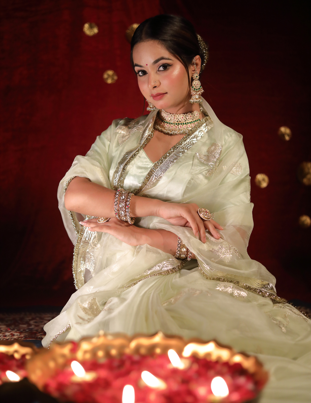 CHAND Soft organza in pastel green, handwork Saree.