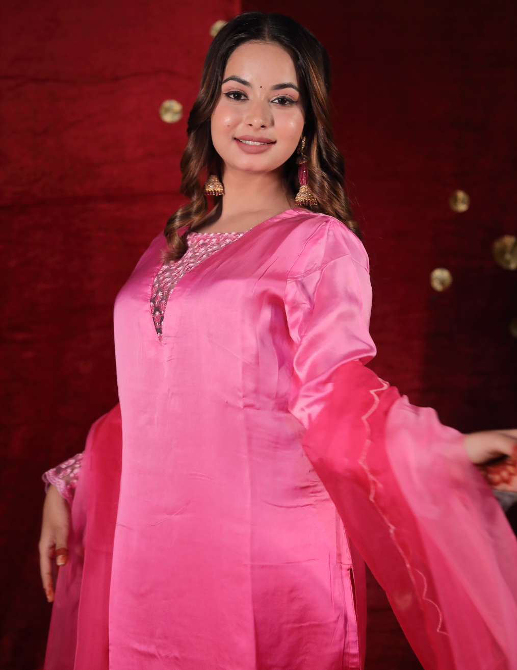 NAZAKAT Pink dual shade bamber satin suit set.