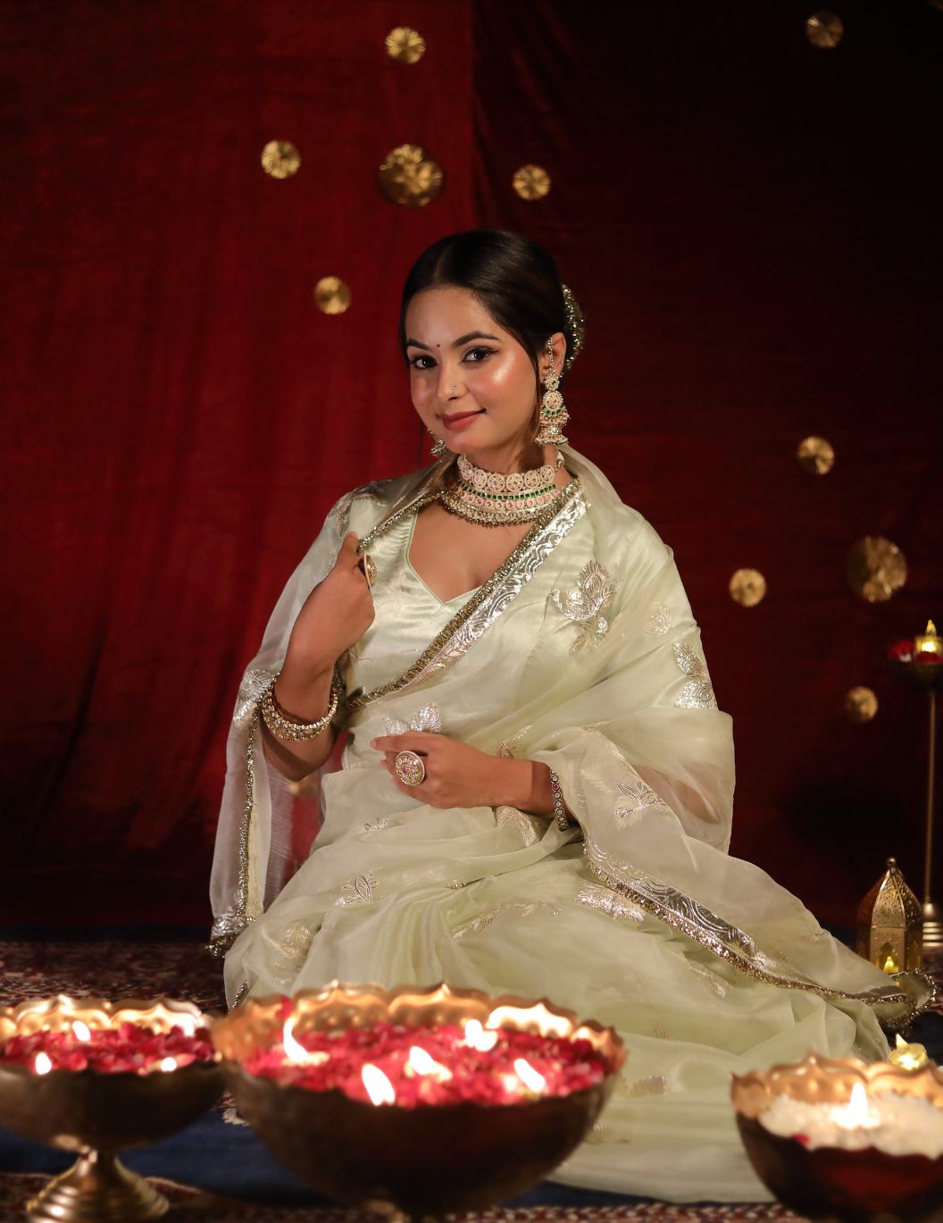 CHAND Soft organza in pastel green, handwork Saree.