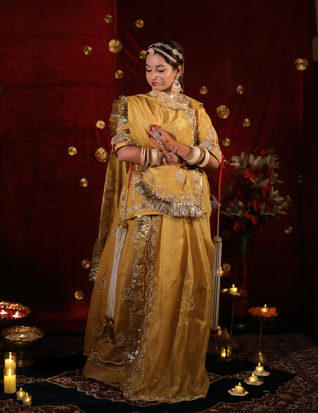 Ranisa Space silk tissue in yellow golden ,handwork poshak with space silk tissue odhana.