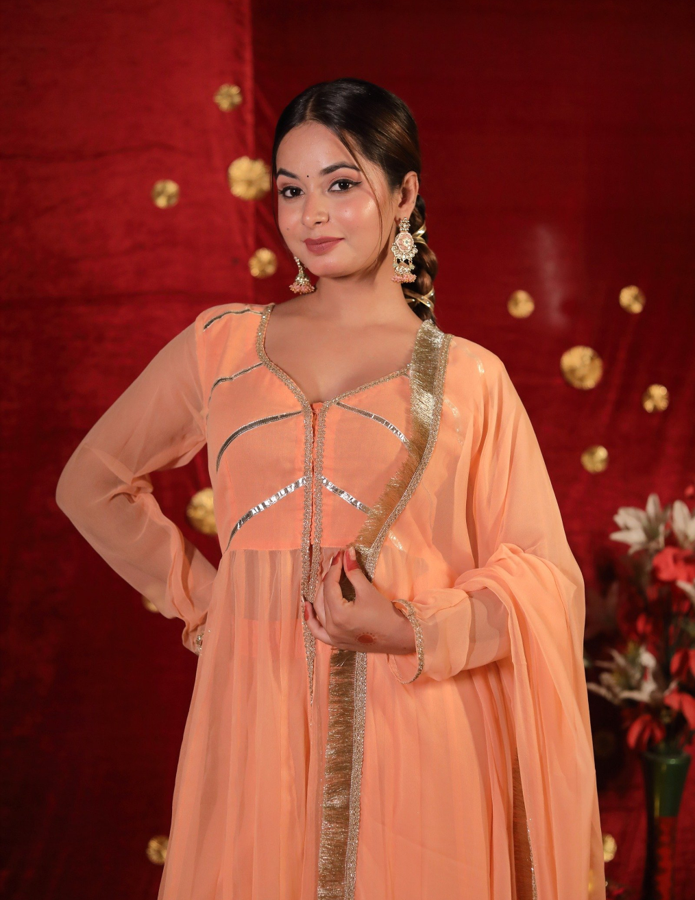 HEER Peach Anarkali Sharara suit.