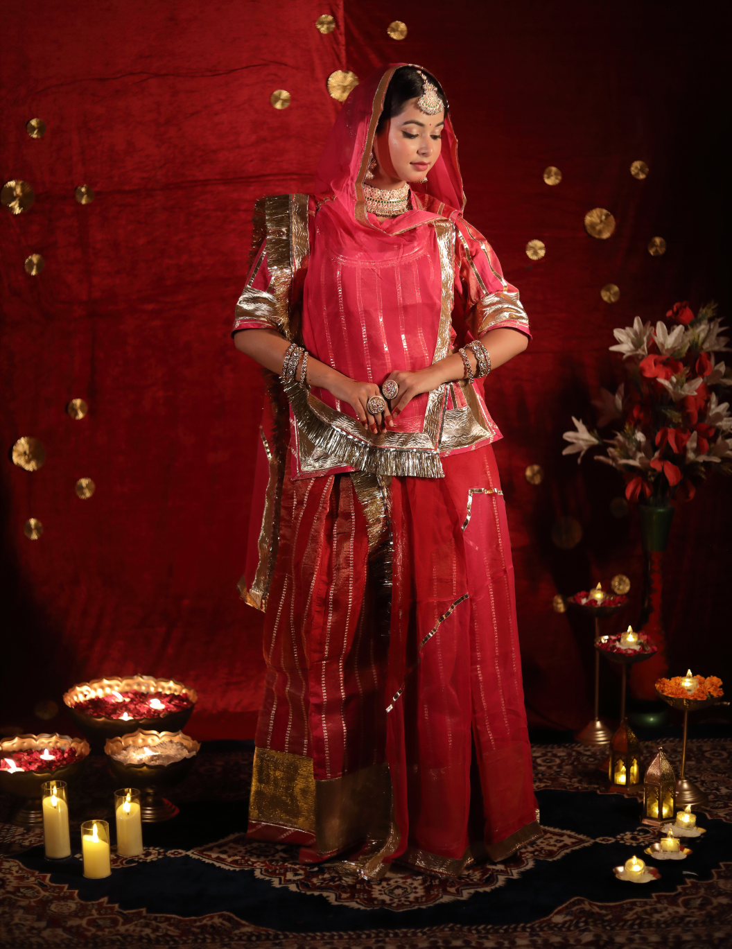 SAAJ Silk lining tissue in red and pink shade ,handwork poshak with shaded pure odhana.