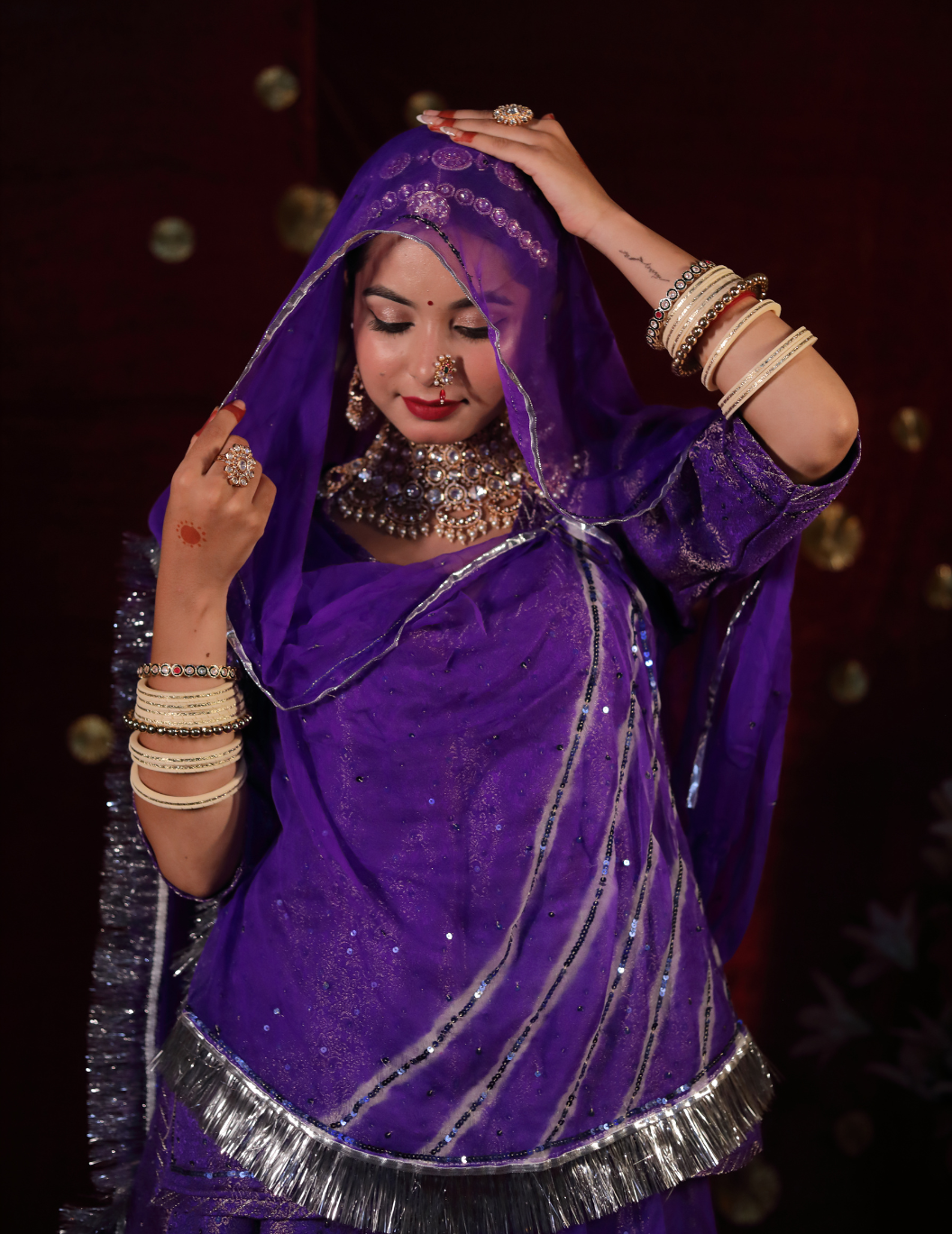 Lehr Banarasi silk in midnight purple ,handwork poshak with lehriya pure odhana.