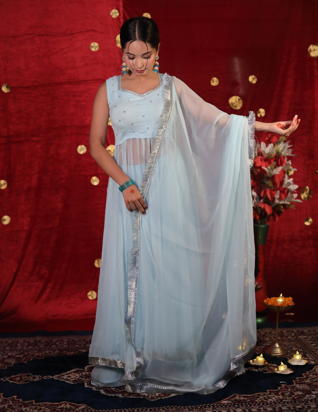 RAANJH Light skyblue Anarkali Sharara suit