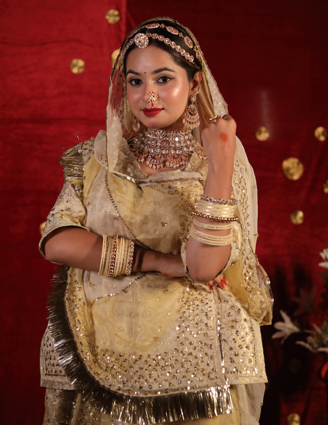 Sunehri Banarasi silk off white in golden touch,handwork Poshak with shaded pure odhana.