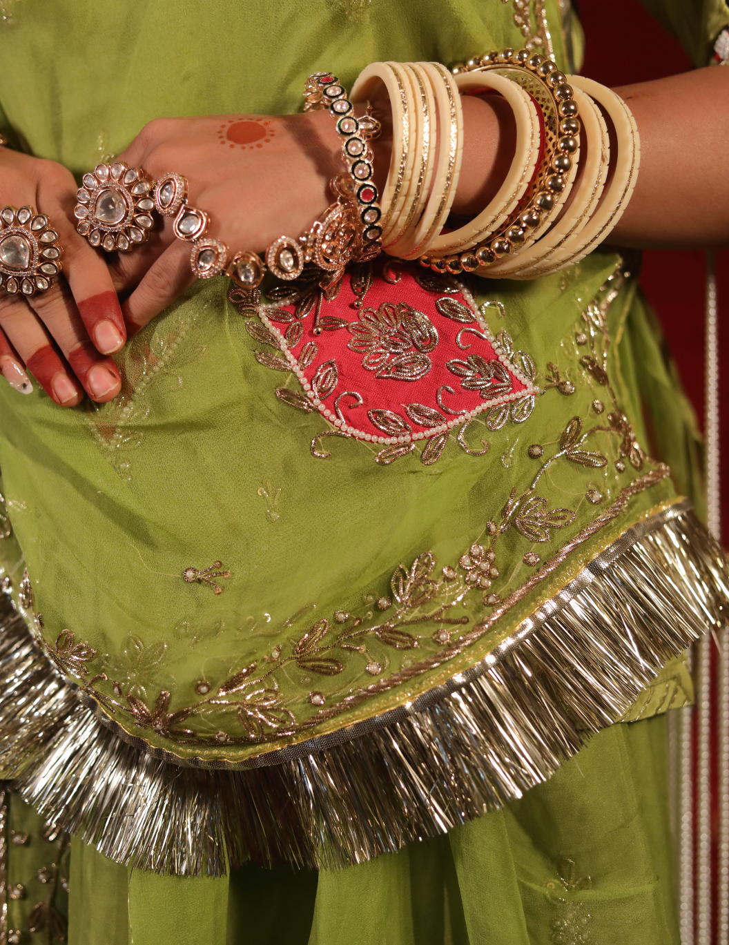 Chaap Natural crepe in pista green , handwork poshak with pure odhana.