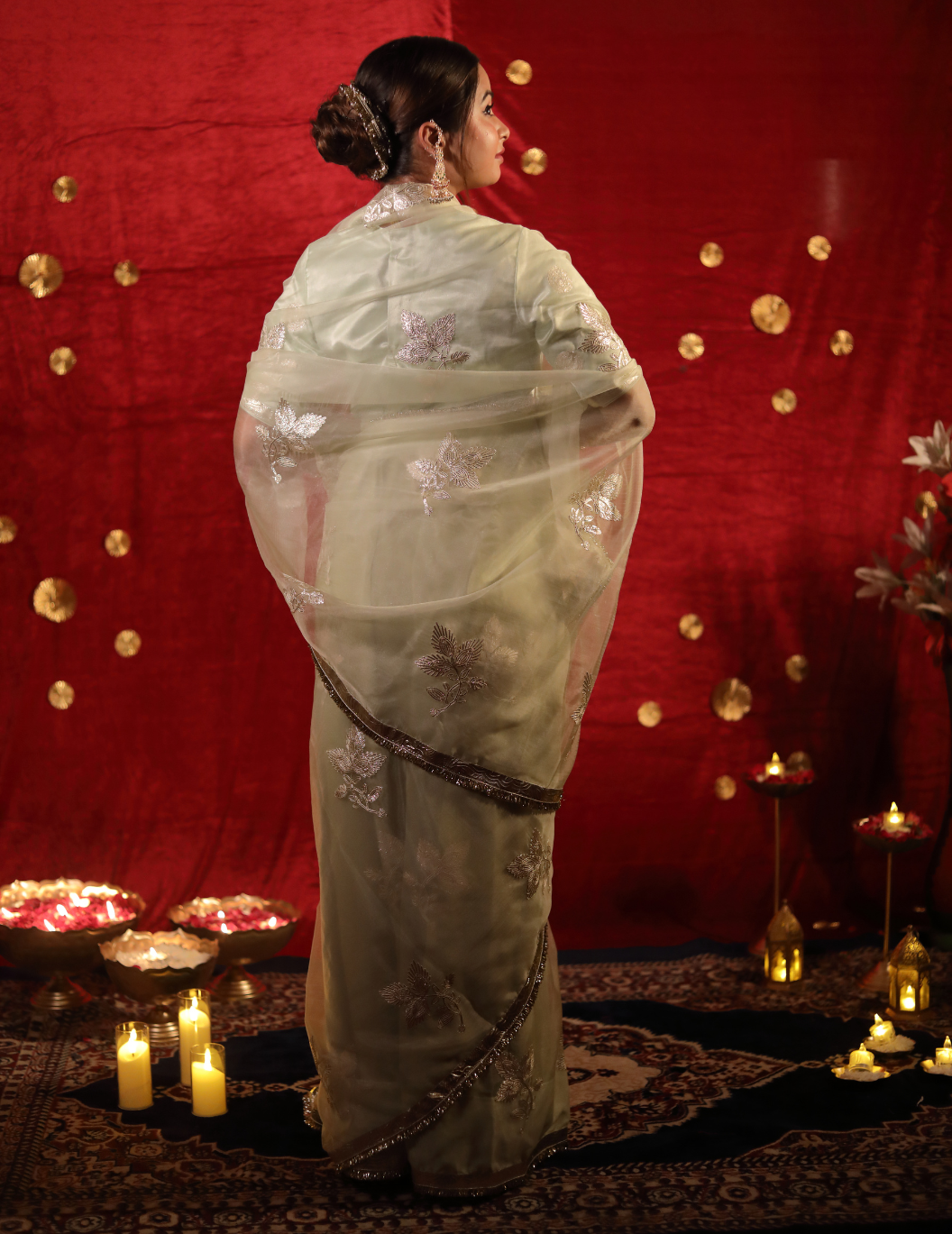 CHAND Soft organza in pastel green, handwork Saree.