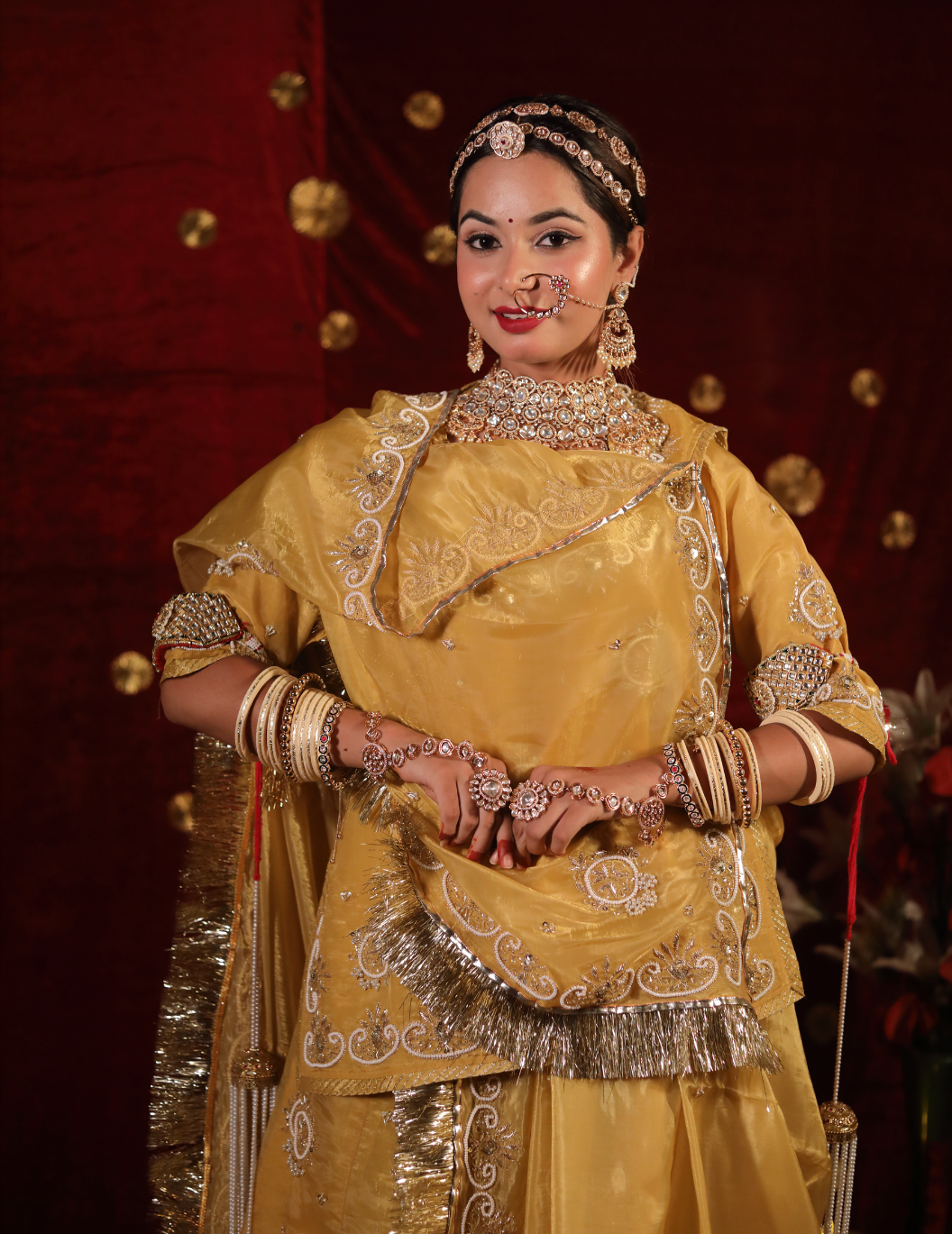 Ranisa Space silk tissue in yellow golden ,handwork poshak with space silk tissue odhana.