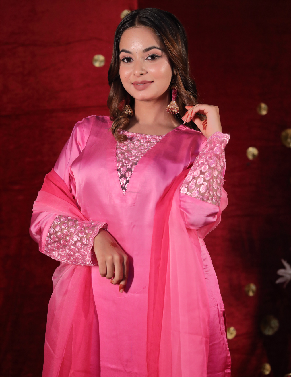 NAZAKAT Pink dual shade bamber satin suit set.