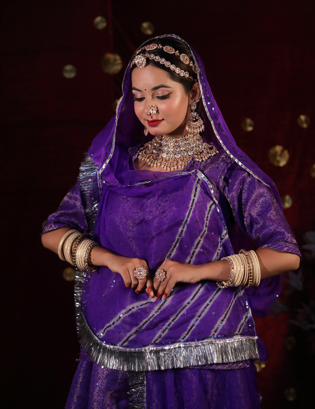 Lehr Banarasi silk in midnight purple ,handwork poshak with lehriya pure odhana.