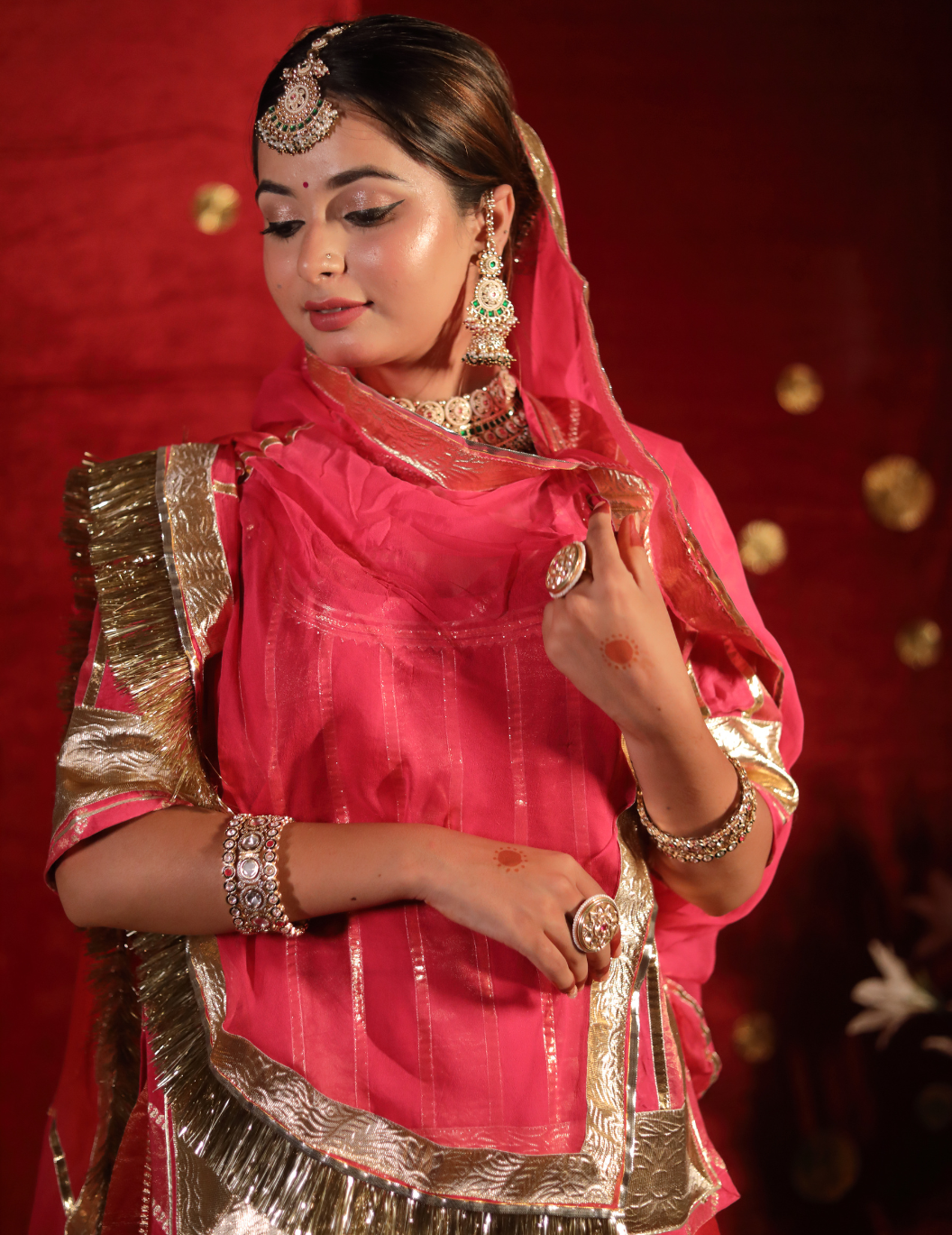 SAAJ Silk lining tissue in red and pink shade ,handwork poshak with shaded pure odhana.