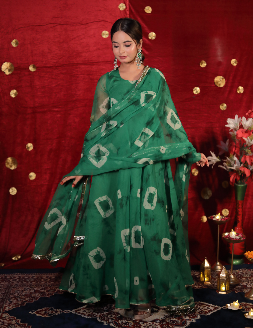 SHUBH Green georgette Umbrella cut suit