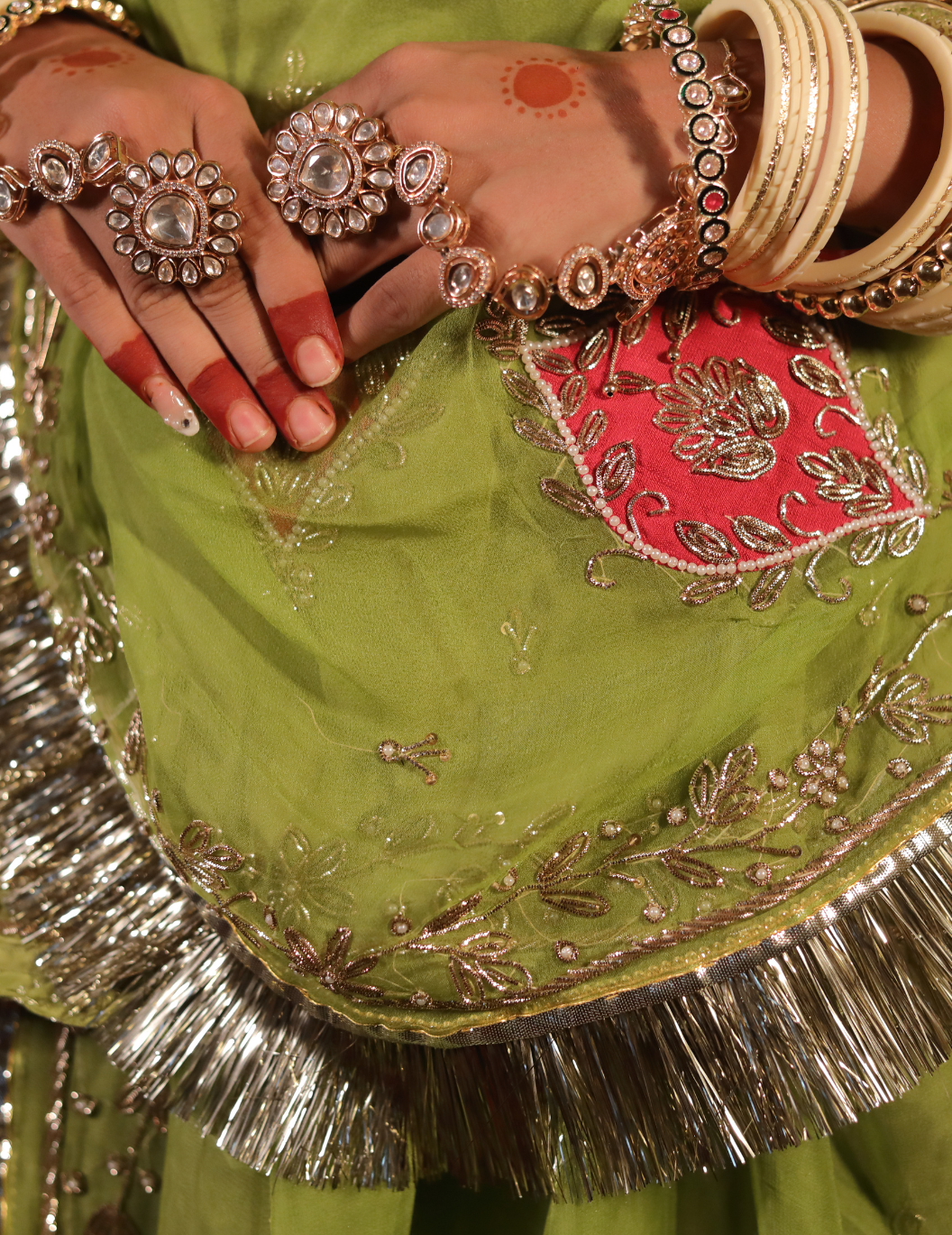 Chaap Natural crepe in pista green , handwork poshak with pure odhana.