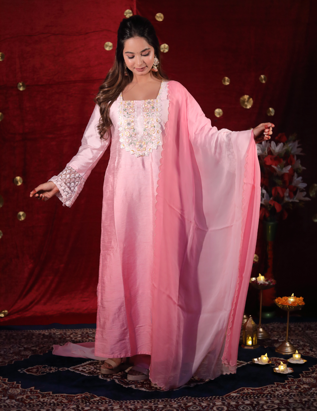 GULAB Peach dual shade rose slik suit set