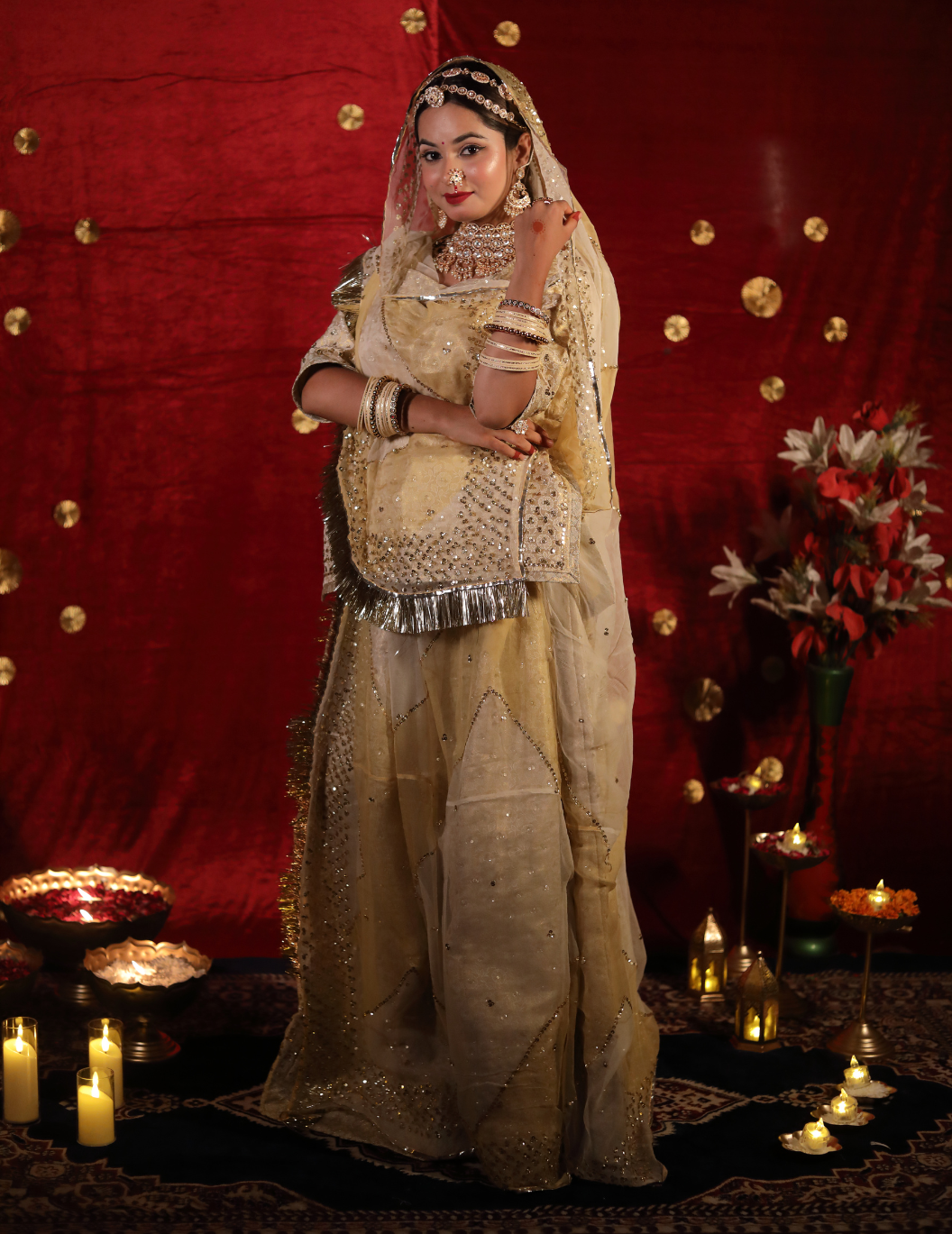 Sunehri Banarasi silk off white in golden touch,handwork Poshak with shaded pure odhana.